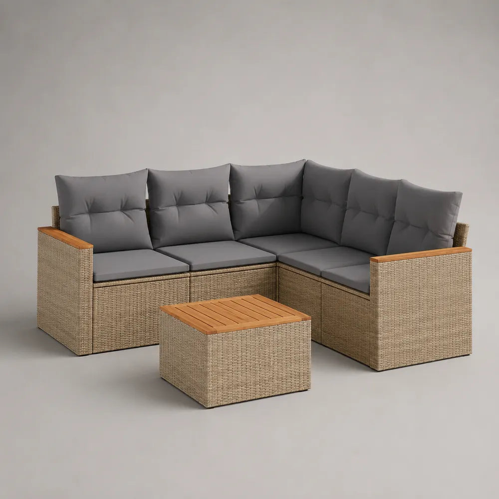 Set divano da giardino angolare 210 cm x 210 cm x 72 cm 5 posti rattan PE beige con struttura in acciaio piano in legno di acacia e cuscini grigi