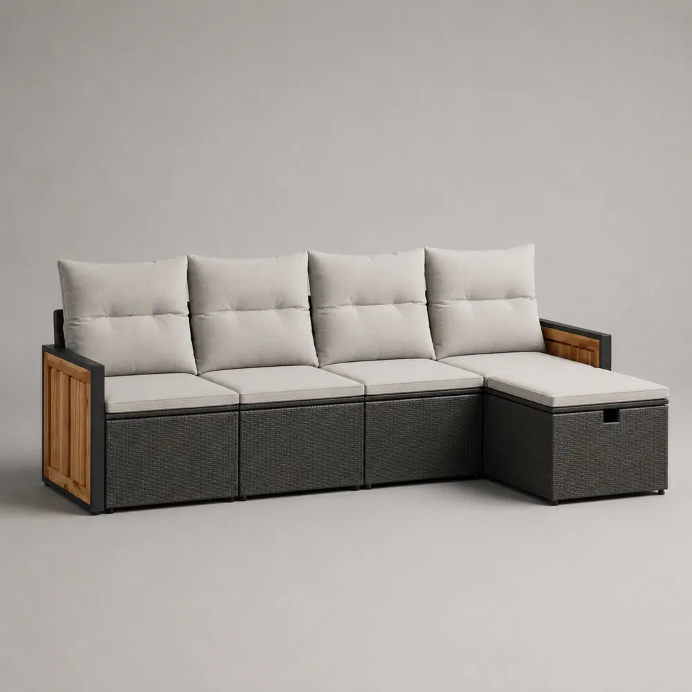 Divano da giardino modulare con chaise longue in rattan PE e struttura in alluminio nero cuscini beige 220 cm 140 cm 70 cm