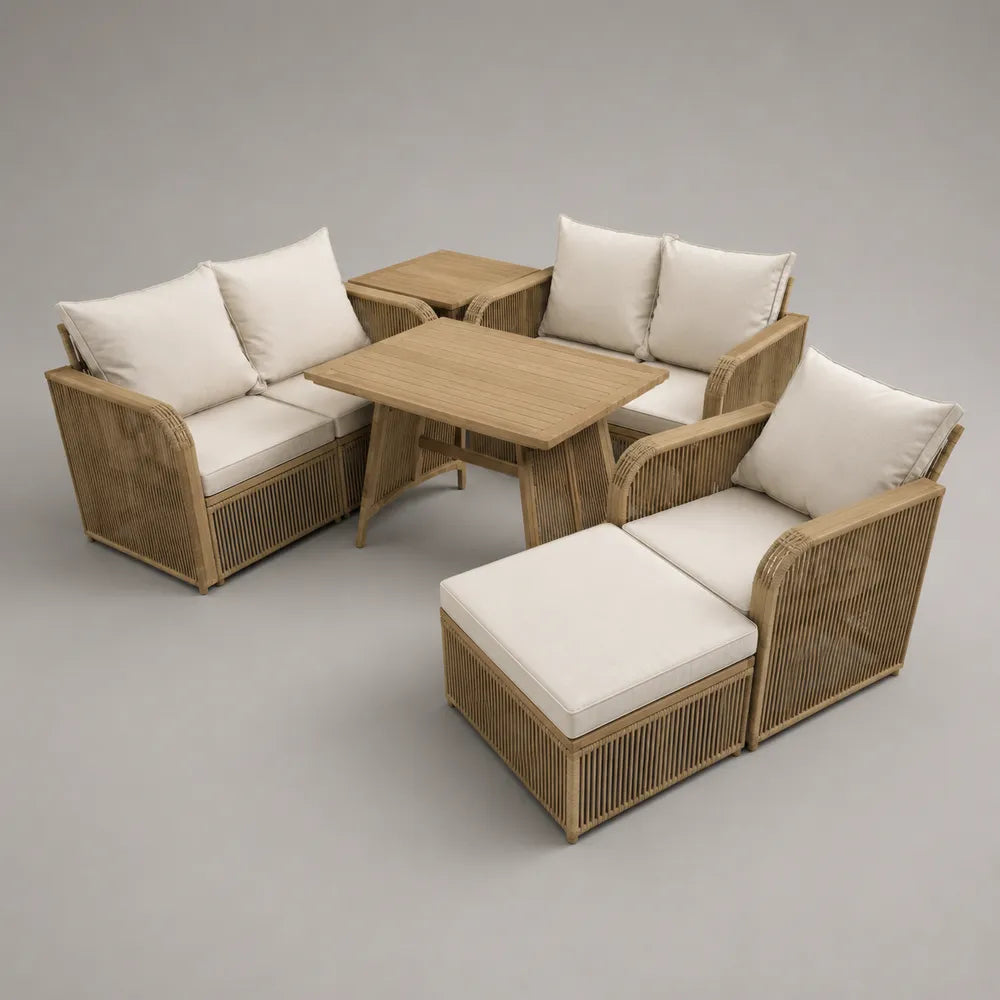 Set divani da giardino 220 cm x 220 cm x 75 cm 6 pezzi legno massello naturale con cuscini beige grigio e tavolino centrale in legno
