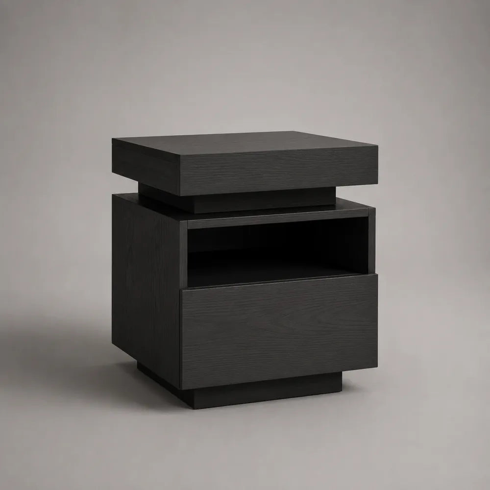 Comodino 45x40x50 cm design moderno in legno MDF finitura nero con cassetto e vano a giorno struttura rettangolare