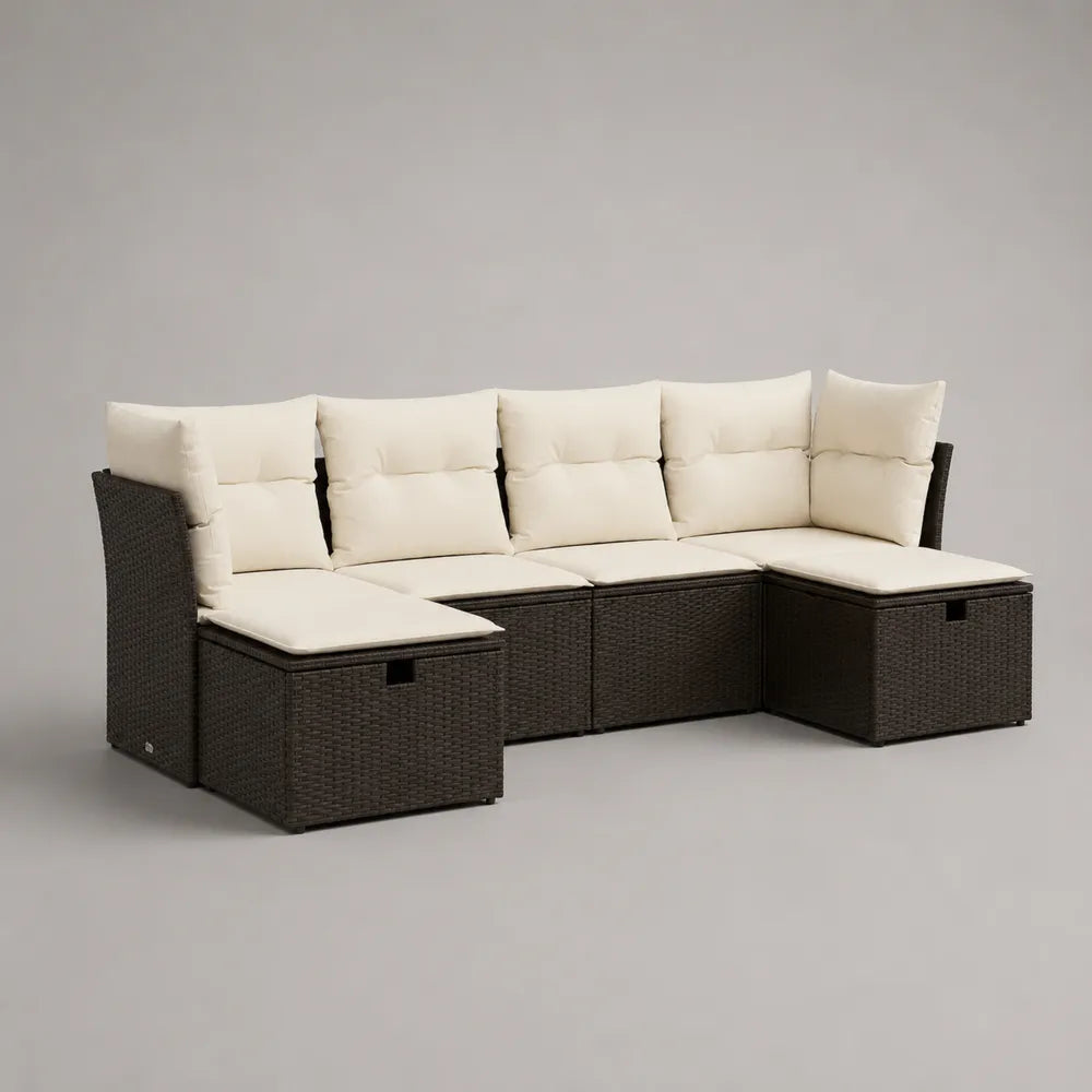 Divano da giardino modulare a L in rattan PE con struttura in alluminio nero e contenitori integrati cuscini beige 260 cm 200 cm 70 cm