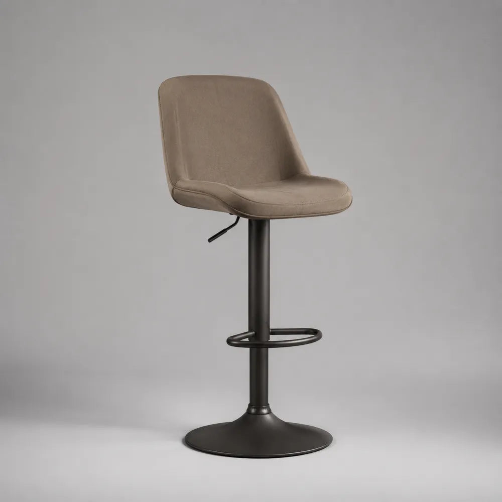 Sgabello da bar regolabile 65-85 cm con seduta beige imbottita e struttura in acciaio nero con base rotonda e poggiapiedi