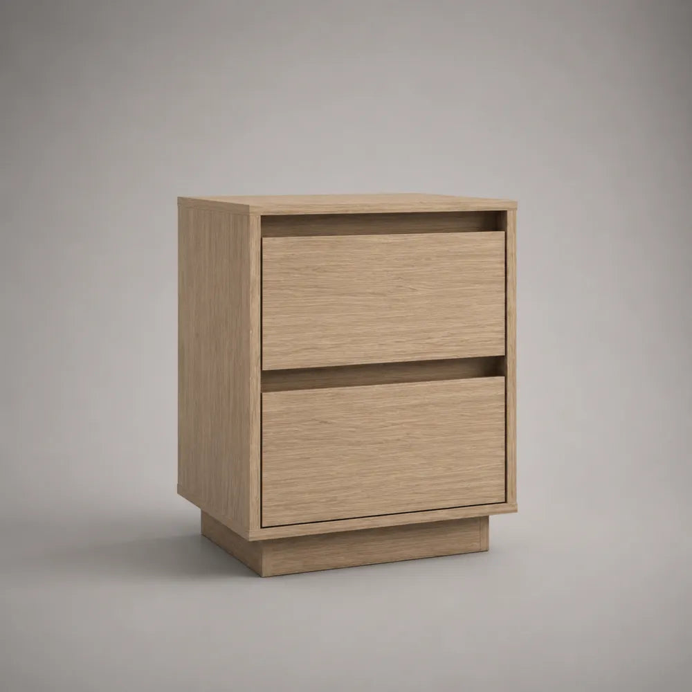 Comodino 45x40x50 cm con 2 cassetti in pannelli MDF effetto rovere chiaro struttura rettangolare con base a zoccolo
