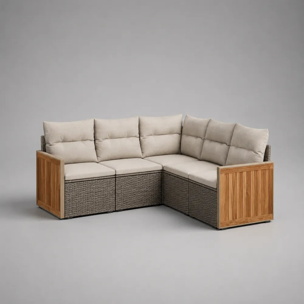 Set divano da giardino modulare a L 5 posti rattan PE grigio scuro con cuscini beige e pannelli laterali in legno naturale