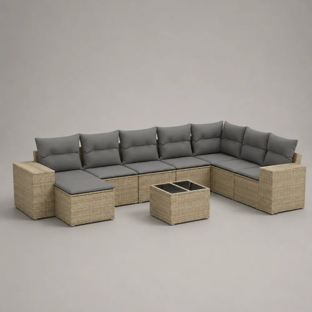 Set divano da giardino modulare a L 5 posti circa 260 cm x 200 cm x 70 cm rattan PE beige con cuscini grigi e tavolino contenitore
