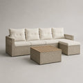 Set divano da giardino modulare a L 5 posti 240 cm x 180 cm x 70 cm rattan PE beige con cuscini crema e tavolino contenitore in legno