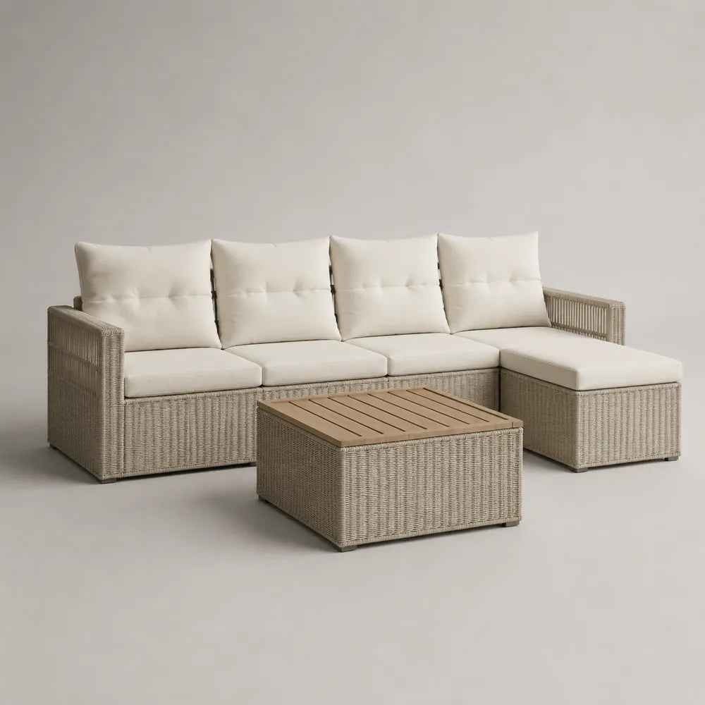 Set divano da giardino modulare a L 5 posti 240 cm x 180 cm x 70 cm rattan PE beige con cuscini crema e tavolino contenitore in legno