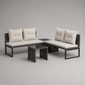 Divano da giardino modulare a L con tavolino struttura in alluminio verniciato nero intreccio in corda sintetica e piano in vetro temperato cuscini in poliestere beige 230 cm 230 cm 70 cm