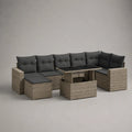 Set divano da giardino modulare a L 5 posti circa 280 cm x 220 cm x 75 cm rattan PE beige con cuscini grigio scuro e tavolino contenitore con piano in vetro temperato