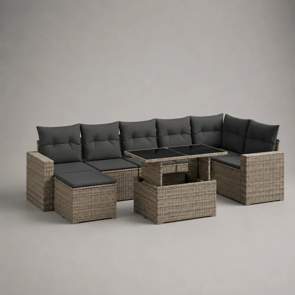 Set divano da giardino modulare a L 5 posti circa 280 cm x 220 cm x 75 cm rattan PE beige con cuscini grigio scuro e tavolino contenitore con piano in vetro temperato