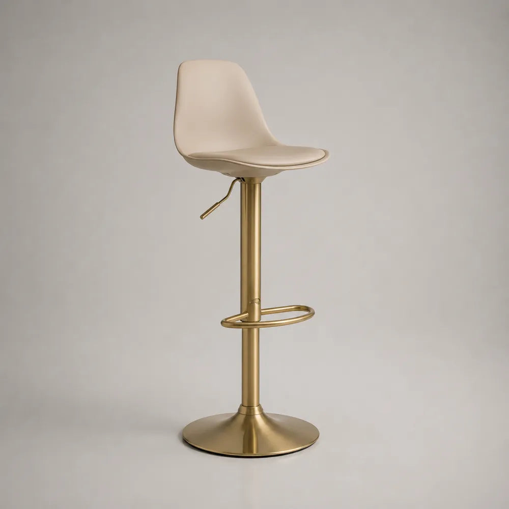 Sgabello da bar regolabile 65-85 cm con seduta imbottita beige in PU e struttura in acciaio dorato con base circolare e poggiapiedi