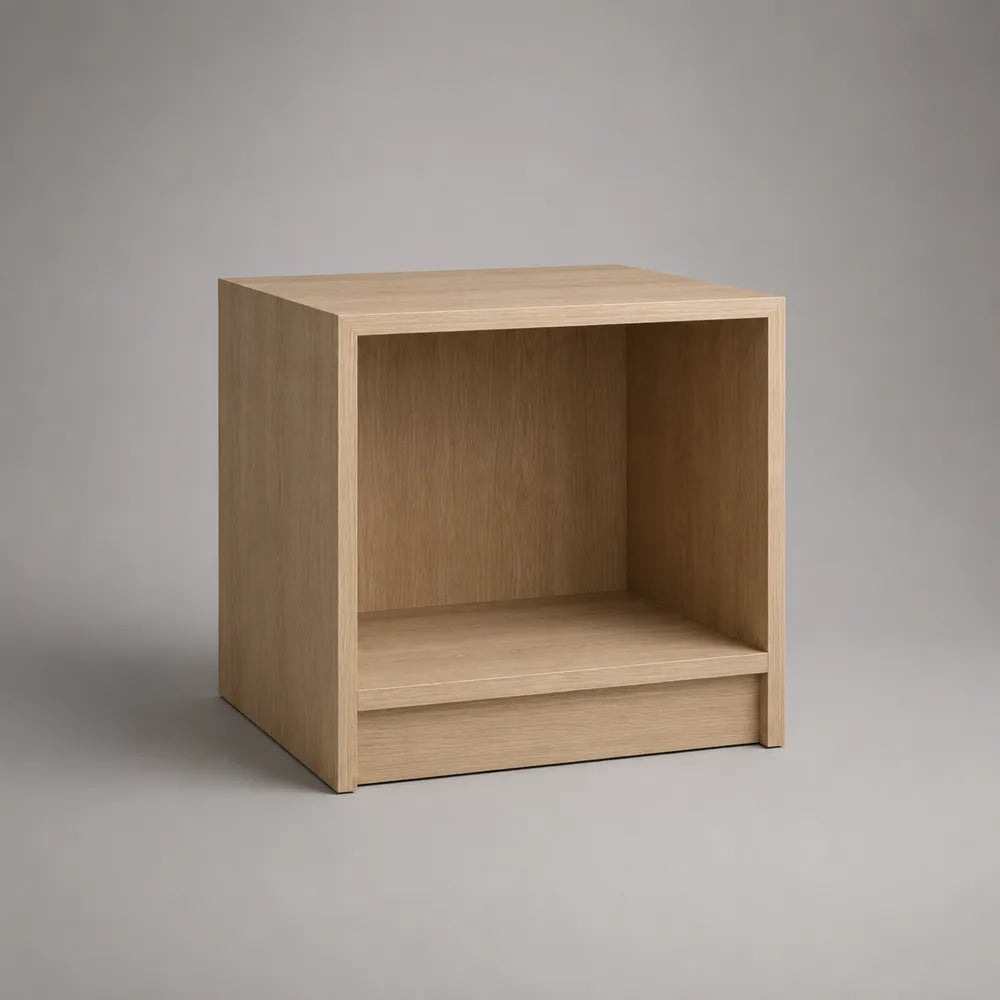 Comodino 50 x 40 x 50 cm con vano aperto in MDF impiallacciato rovere chiaro struttura cubica base chiusa colore legno chiaro