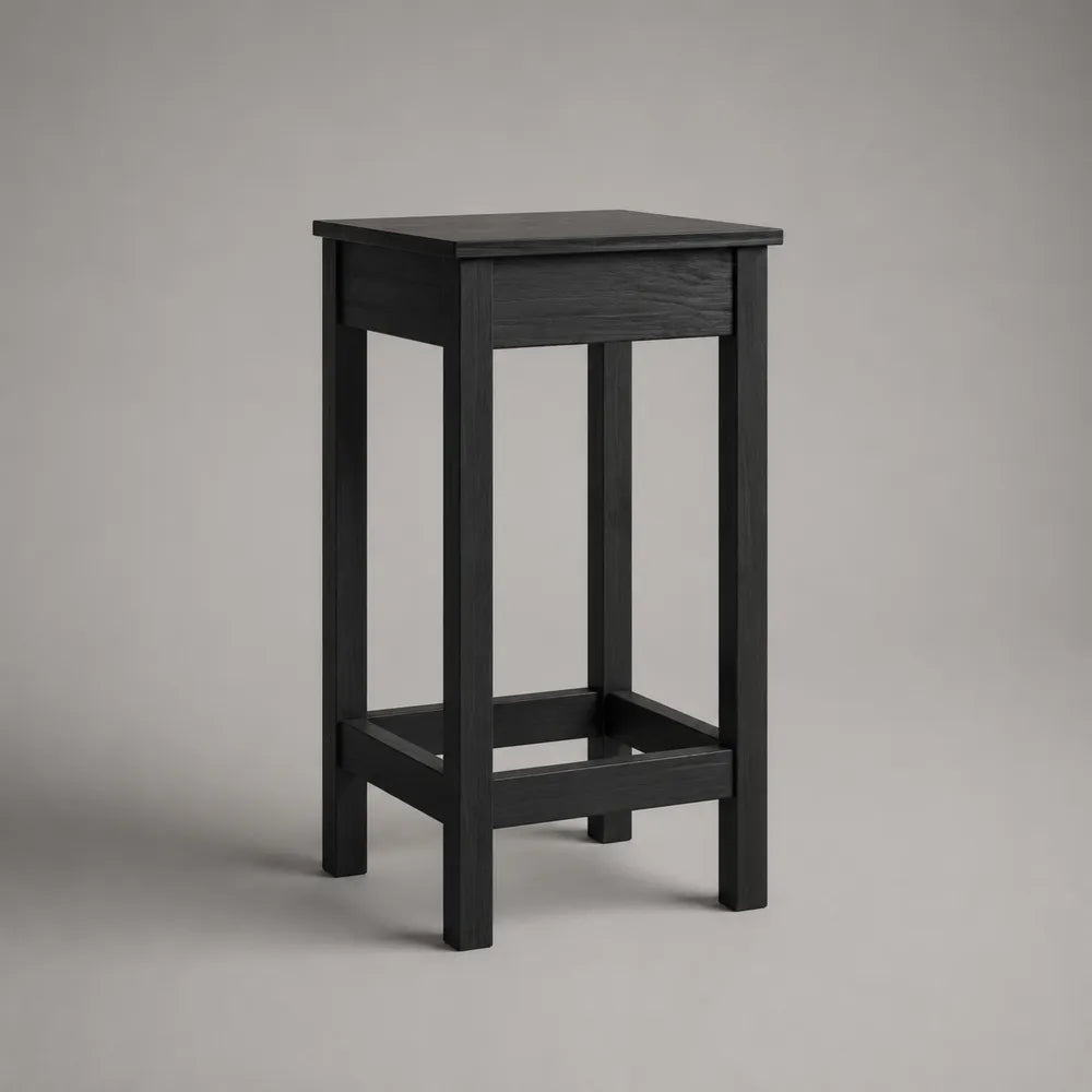 Sgabello da bar 35 x 35 x 75 cm in legno massello nero seduta quadrata senza schienale con traversi di rinforzo struttura a quattro gambe