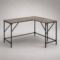 Scrivania angolare a L in MDF melaminico effetto legno grigio struttura in acciaio verniciato nero forma rettangolare con ritorno laterale circa 120 x 120 x 75 cm