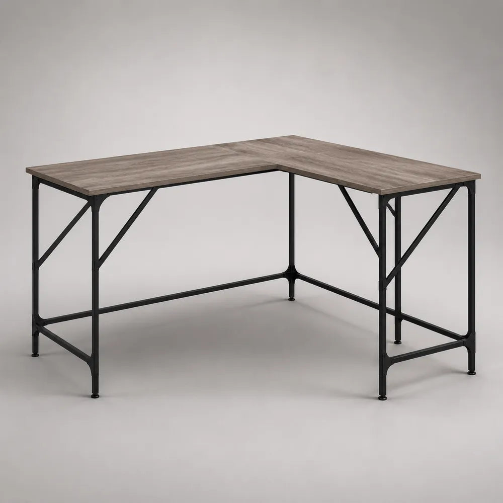 Scrivania angolare a L in MDF melaminico effetto legno grigio struttura in acciaio verniciato nero forma rettangolare con ritorno laterale circa 120 x 120 x 75 cm