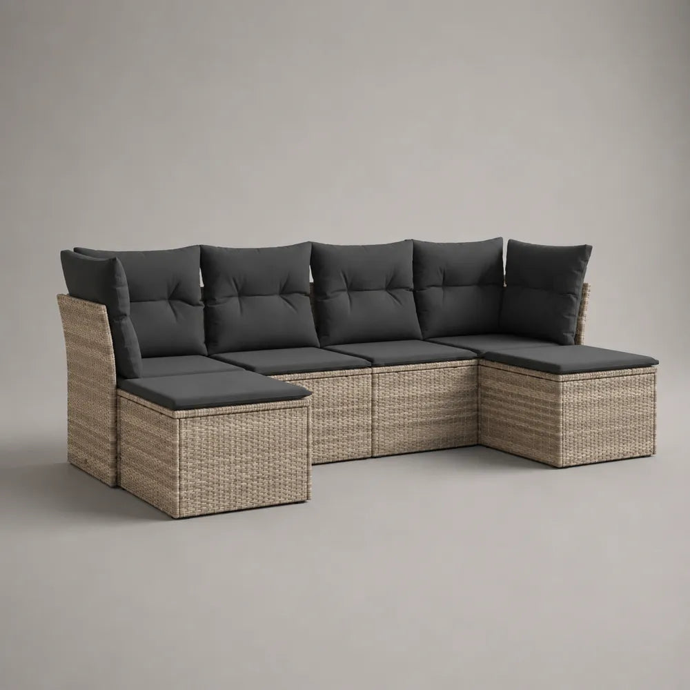 Divano da giardino modulare a L 4 pezzi in rattan PE beige con cuscini grigio scuro struttura in alluminio verniciato nero 240 cm 160 cm 70 cm
