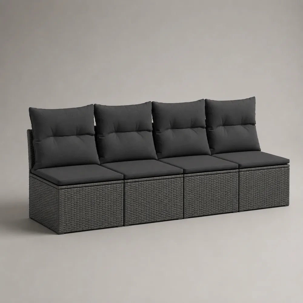 Divano da giardino 4 posti in rattan PE grigio scuro struttura in acciaio verniciato nero cuscini grigio scuro 240 cm 65 cm 75 cm