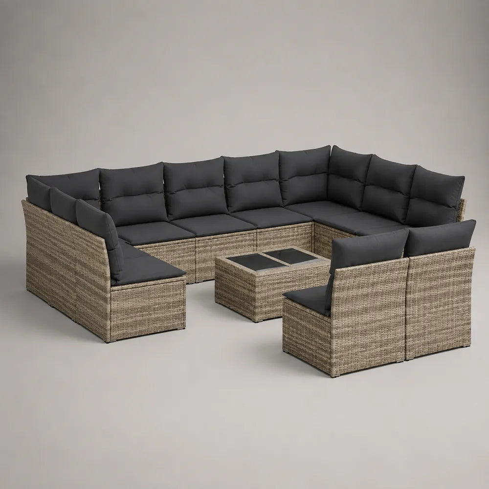 Set divano da giardino modulare a U 7 posti circa 280 cm x 220 cm x 70 cm rattan PE beige con poltrona separata cuscini grigio scuro e tavolino con piano in vetro temperato