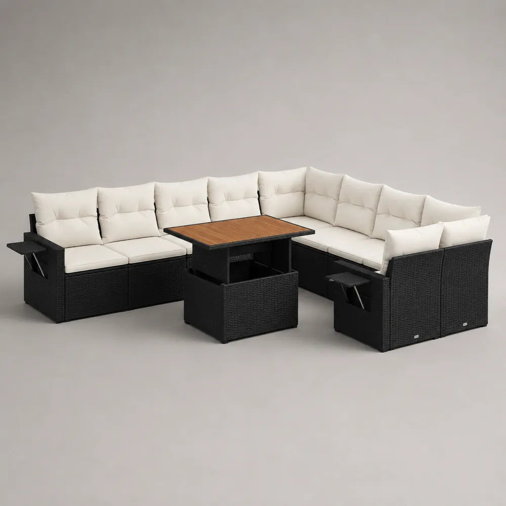 Divano da giardino modulare a L 5 pezzi in rattan PE nero con cuscini beige tavolino con piano effetto legno 280 cm 220 cm 70 cm