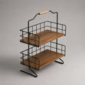 Carrello portaoggetti in metallo nero e legno effetto noce con doppio ripiano e manico in legno 60 cm 30 cm 70 cm