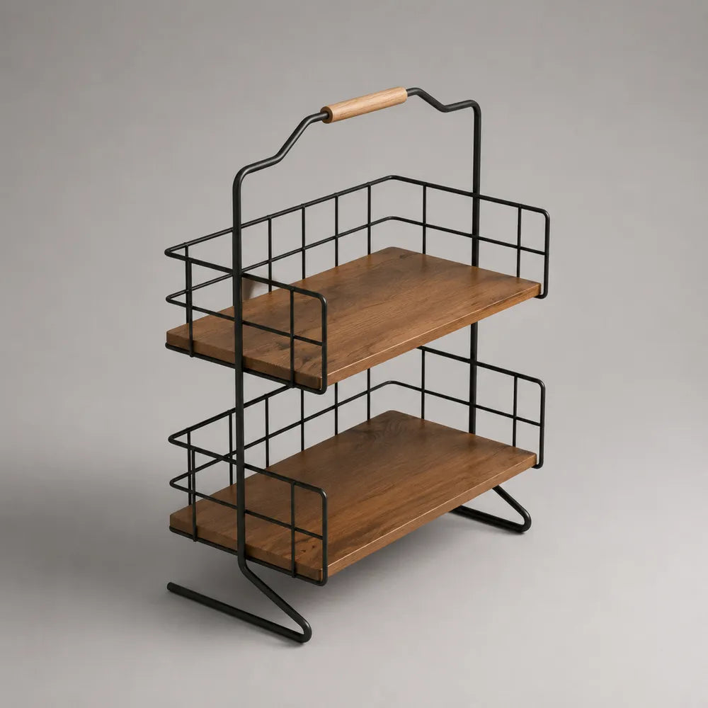 Carrello portaoggetti in metallo nero e legno effetto noce con doppio ripiano e manico in legno 60 cm 30 cm 70 cm